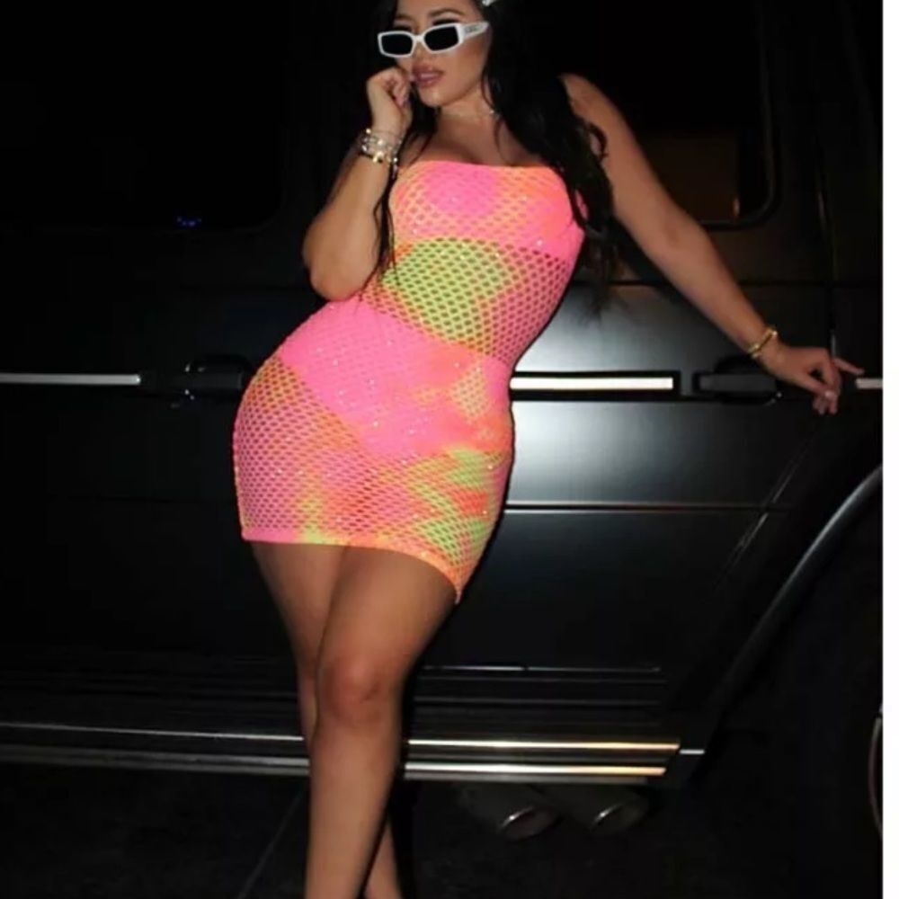 Club Tie Dye Fishnet Spaghetti Strap Bodycon Dress Comes w/Bra & Panty